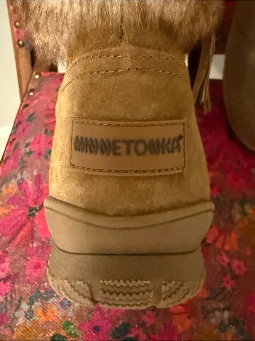 Minnetonka Tan Faux-Fur Cuff Suede Leather Winter Boots with Tassel Detail